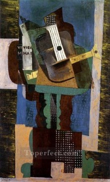  bottle - Clarinet guitar and bottle on a table 1916 Pablo Picasso